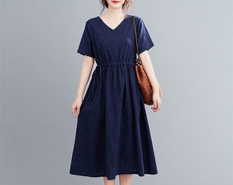 Sommer Jacquard Kleid Baumwolle Kleider V-Ausschnitt Kurze Ärmel Kleid Midi Kleid locker Roben lässig Hemd Kleid maßgefertigt Plus Size Kleid Leinen