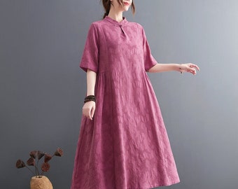 Summer Jacquard Dress Cotton dresses Half sleeves dress Midi dress loose Casual Collar Shirt Dress customized plus size dress Linen dress