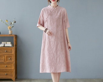 Summer Jacquard Dress Cotton dresses short sleeves dress Midi dress loose Casual A-line Dress customized plus size dress boho Linen Dress