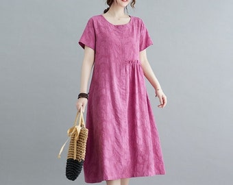 Summer Jacquard Dress Cotton dresses short sleeves dress Midi dress loose robes casual Shirt Dress customized plus size dress Linen Dress