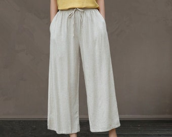 Women Elastic Waist Cotton Pants Soft Casual Loose Boho Trousers Full Maxi Pants Wide Leg Pant Customized Plus Size Pants Linen