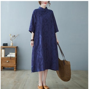 Summer Jacquard Dress Cotton dresses 3/4 sleeves dress Midi dress loose robes casual Shirt Dress customized plus size dress boho Linen