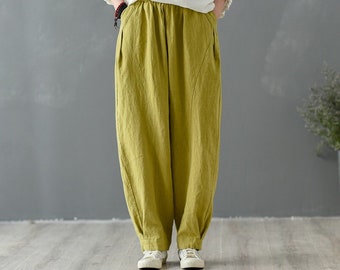 Women Elastic Waist Cotton Pants Soft Casual Loose Boho Trousers Full Maxi Pants Wide Leg Pant Customized Plus Size Pants Linen