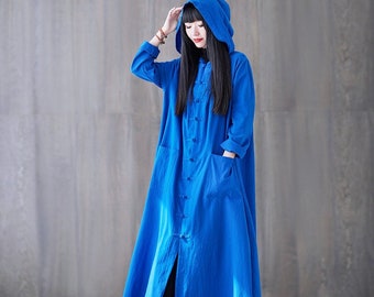 Women Hooded Cotton dress, long sleeves maxi dress Cardigan casual spring dresses custom made long robes, plus size clothing tunics