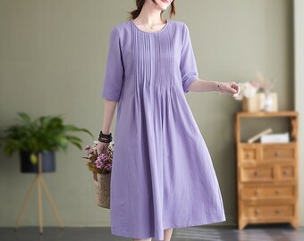 Women Summer Cotton dresses Half sleeves dress long midi dress loose robes casual Shirt Dress customized plus size dress boho Linen