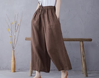 Mujer Cintura Elástica Pantalones de Algodón Suave Casual Suelto Boho Pantalones Maxi Completos Pantalón pierna ancha Pantalón Personalizado Pantalones talla grande Lino