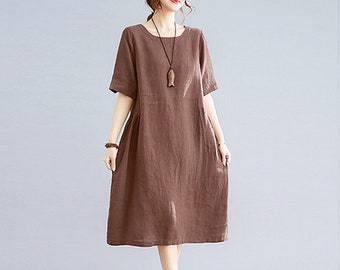 Women Summer Cotton dresses short sleeves dress Knee dress loose robes casual Shift Dress customized plus size dress boho Linen Dress