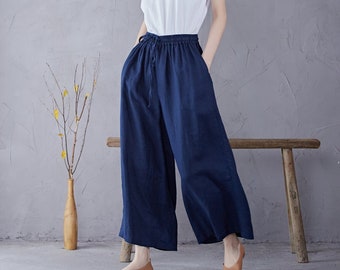 Women Elastic Waist Cotton Pants Soft Casual Loose Boho Trousers Full Maxi Pants Wide Leg Pant Customized Plus Size Pants Linen Pant