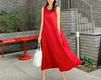 Women Cotton dresses Sleeveless Maxi dress long Sundress loose Robes casual Shirt Dress Customized plus size dress boho Linen Holiday dress