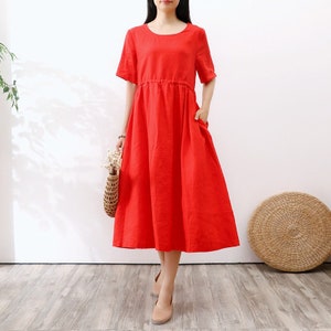 Women Summer Cotton dresses short sleeves dress long Midi dress loose robes casual Shirt Dress customized plus size dress boho Linen