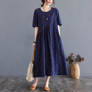 Summer Jacquard Dress Cotton dresses short sleeves dress Midi dress loose robes casual Shirt Dress customized plus size dress boho Linen