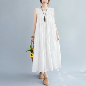 Women Cotton dresses Sleeveless Midi dress long Sundress loose Robes casual Shirt Dress Customized plus size dress boho Linen