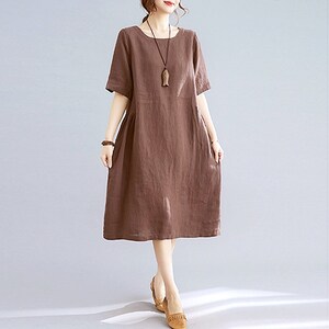 Women Summer Cotton dresses short sleeves dress Knee dress loose robes casual Shift Dress customized plus size dress boho Linen Dress