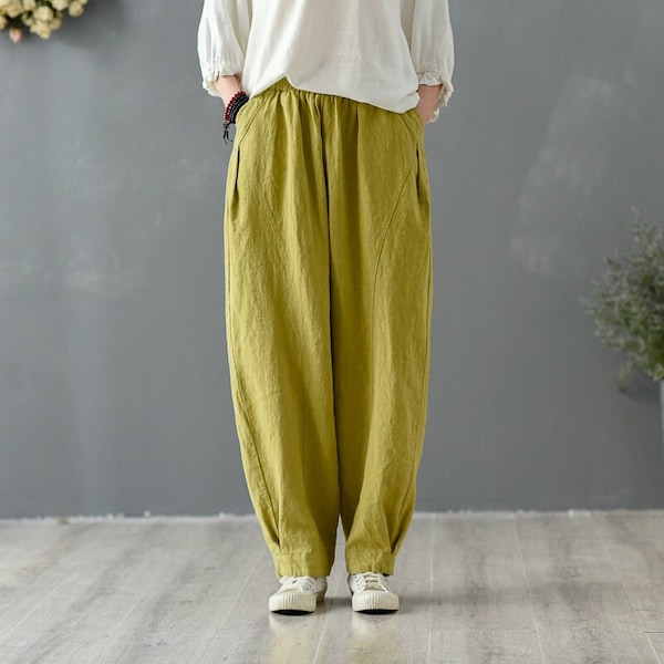 Women Elastic Waist Cotton Pants Soft Casual Loose Boho Trousers Full Maxi Pants Wide Leg Pant Customized Plus Size Pants Linen