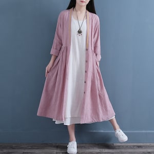 Jacquard Dress Coat Cotton Cardigan Dresses Long sleeves dress Midi dress loose robes casual Shirt Dress customized plus size dress Linen