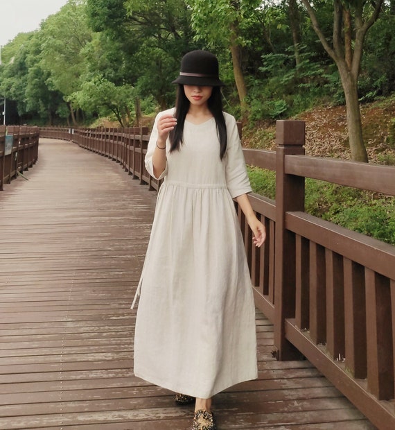 Women Summer Cotton Dresses 3/4 Sleeves Dress V-neck Long Maxi