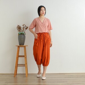 Women Elastic Waist Cotton Pants Soft Casual Loose Boho Trousers Cropped Pants Wide Leg Pant Customized Plus Size Pants Linen image 2