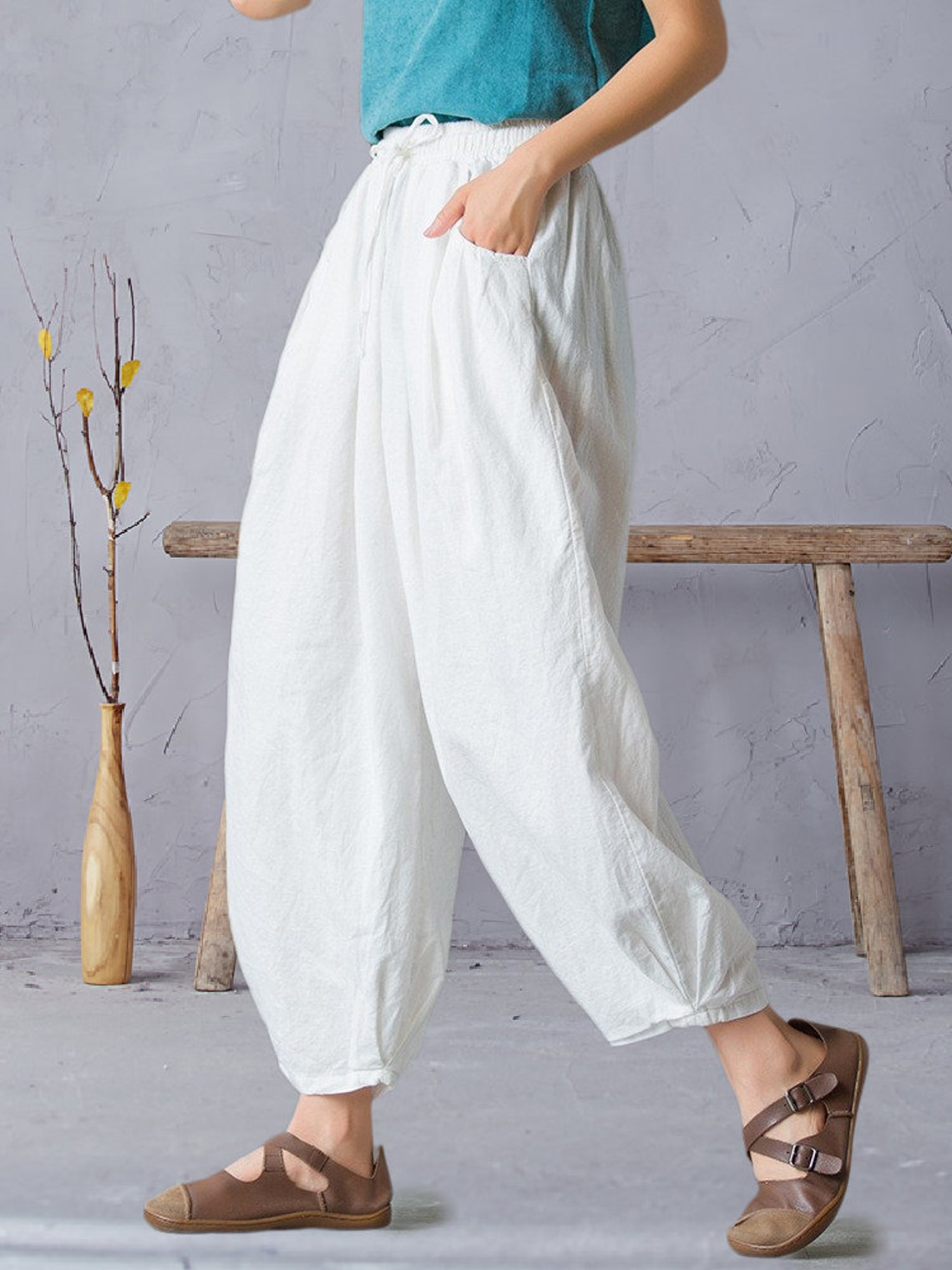 Women Elastic Waist Cotton Pants Soft Casual Loose Boho Etsy