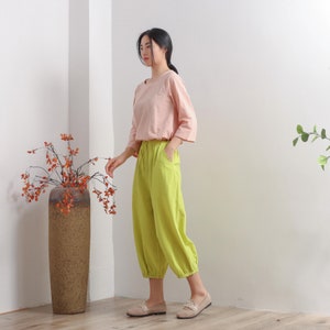 Women Elastic Waist Cotton Pants Soft Casual Loose Boho Trousers Cropped Pants Wide Leg Pant Customized Plus Size Pants Linen Pant image 4