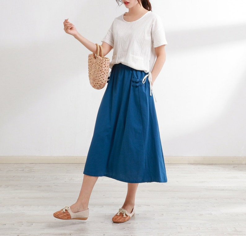 Summer Cotton Skirt Casual Loose Skirts A-line Pleated Elastic Waist Skirt Midi Skirts Customized Plus Size Skirt Boho Linen Skirt image 2