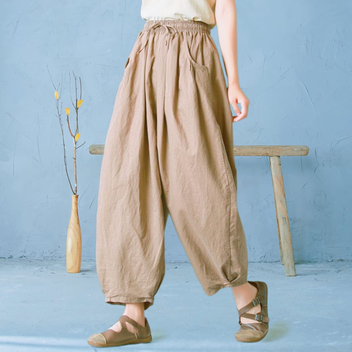 Women Elastic Waist Cotton Pants Soft Casual Loose Boho - Etsy