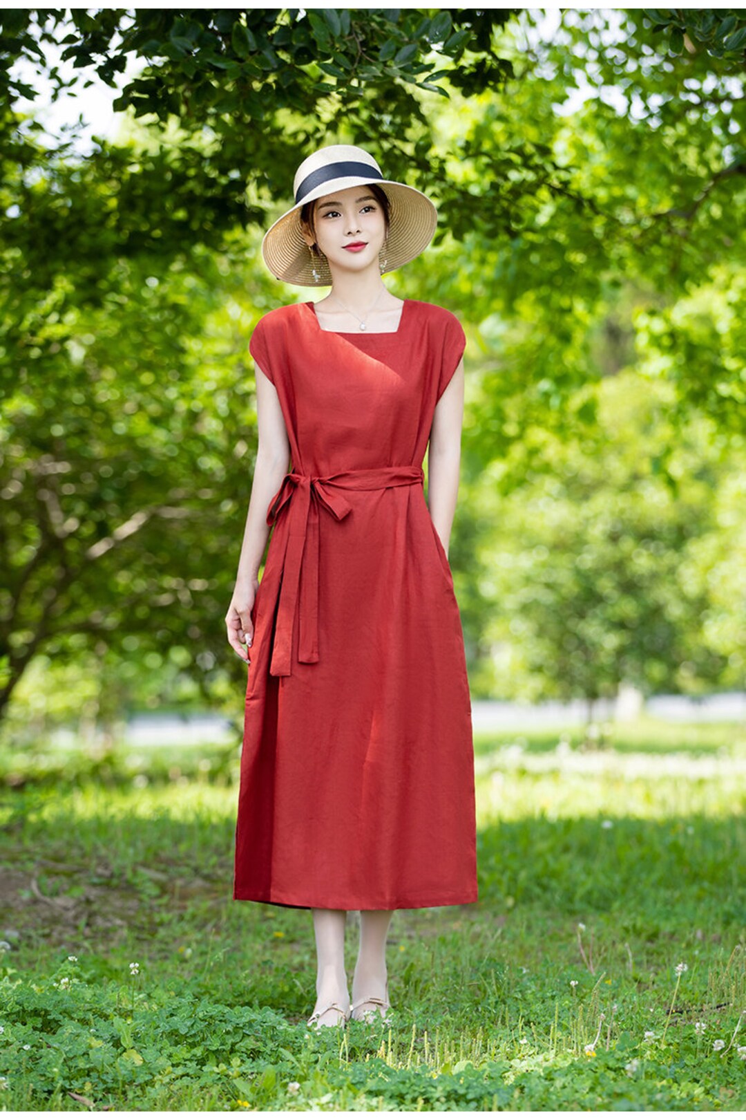 Women Cotton Dresses Short Sleeves Midi Dress Long Dress Loose Robes
