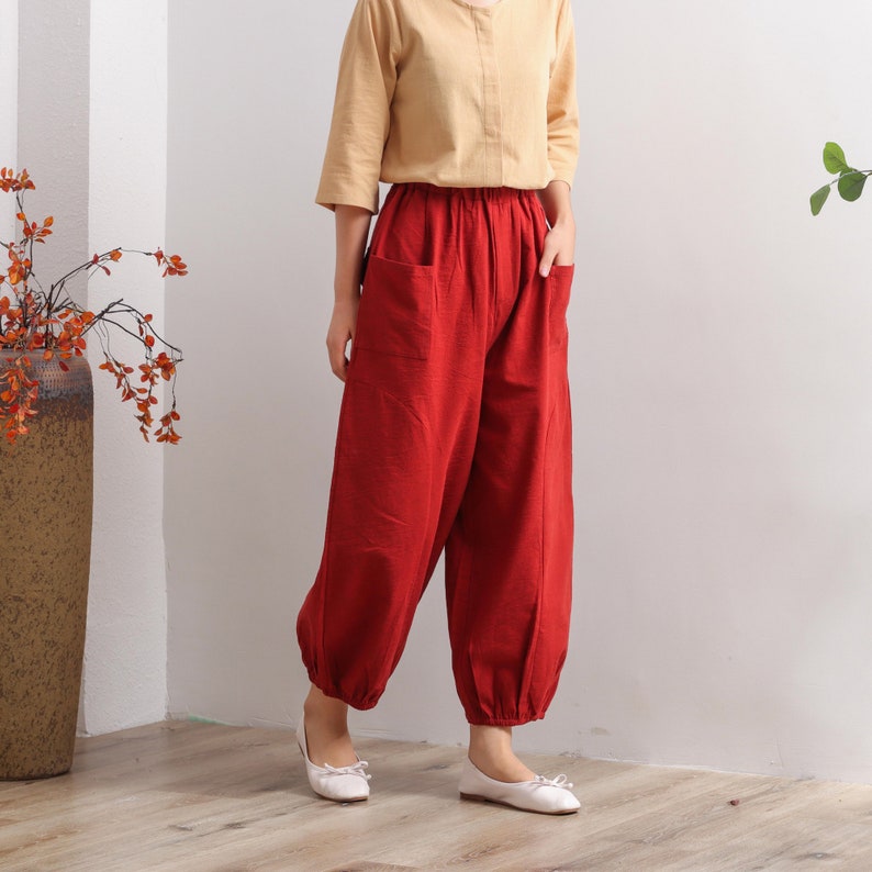 Women Elastic Waist Cotton Pants Soft Casual Loose Boho Trousers Full Maxi Pants Wide Leg Pant Customized Plus Size Pants Linen image 5