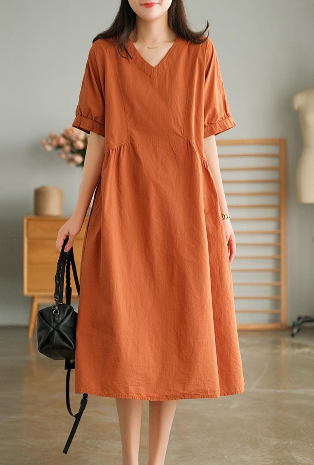 Women's Casual Maxi Cotton Dress Smocked Round Neck Long Sleeve Midi D –  KesleyBoutique