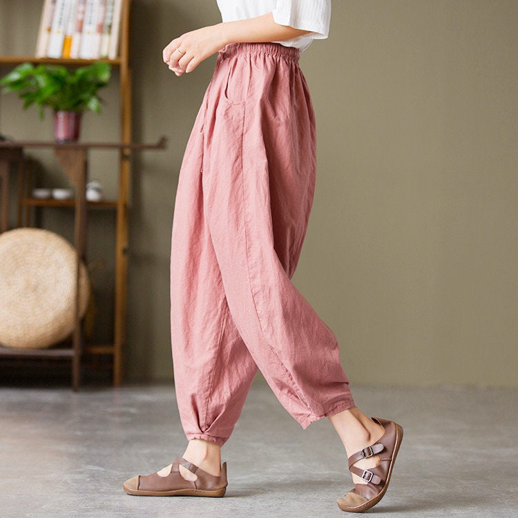 Women Elastic Waist Cotton Pants Soft Casual Loose Boho Etsy