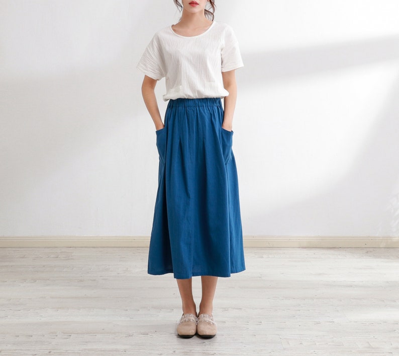 Summer Cotton Skirt Casual Loose Skirts A-line Pleated Elastic Waist Skirt Flared Midi Skirts Customized Plus Size Skirt Boho Linen zdjęcie 3