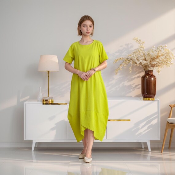 Women Summer Cotton Dresses Short Sleeves Dress Long Midi Dress Loose Robes Casual Shirt Dress Customized Plus Size Dress Boho Linen Etsy