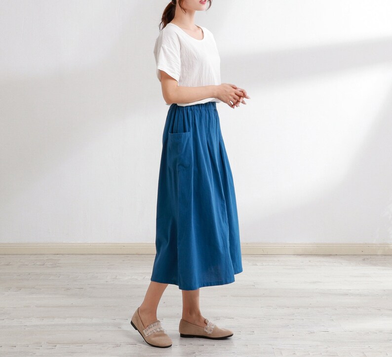 Summer Cotton Skirt Casual Loose Skirts A-line Pleated Elastic Waist Skirt Flared Midi Skirts Customized Plus Size Skirt Boho Linen zdjęcie 4