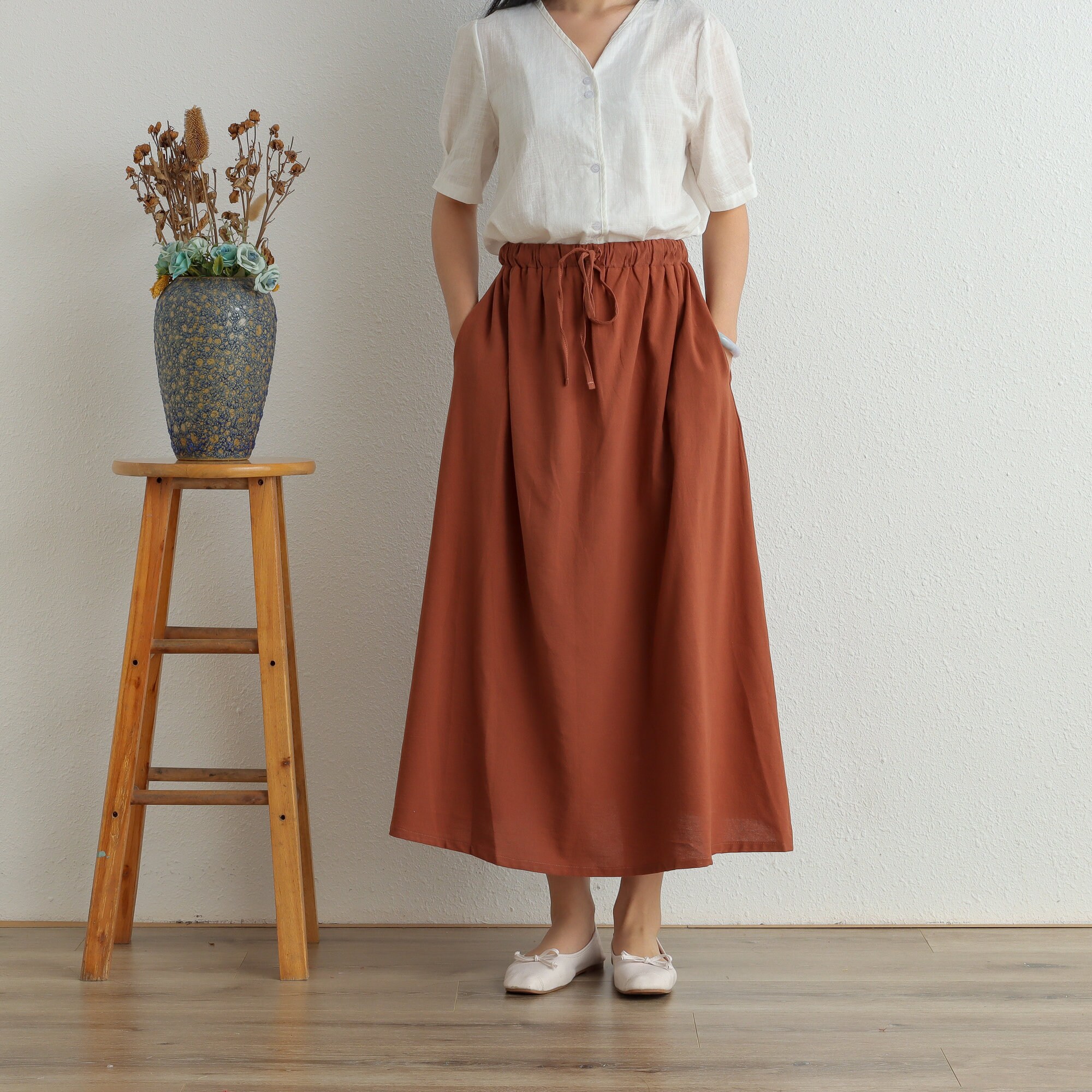 Summer Cotton Skirt Casual Loose Skirts Aline Pleated Elastic Etsy