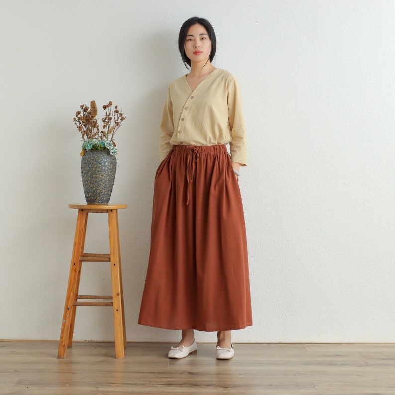 Summer Cotton Skirt Casual Loose Skirts A-line Skirt Elastic Waist Skirt Flared Midi Skirts Customized Plus Size Skirt Boho Linen Skirt image 2