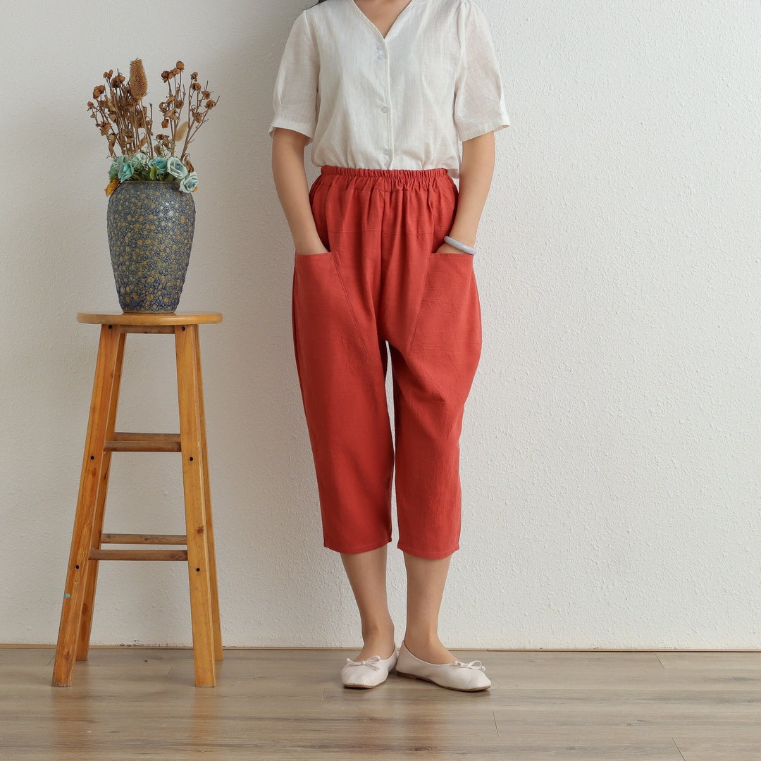 Women Cropped Pants Elastic Waist Cotton Pants Soft Casual Loose Boho Trousers Wide Leg Pant