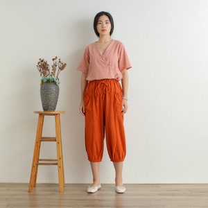 Women Elastic Waist Cotton Pants Soft Casual Loose Boho Trousers Cropped Pants Wide Leg Pant Customized Plus Size Pants Linen image 3