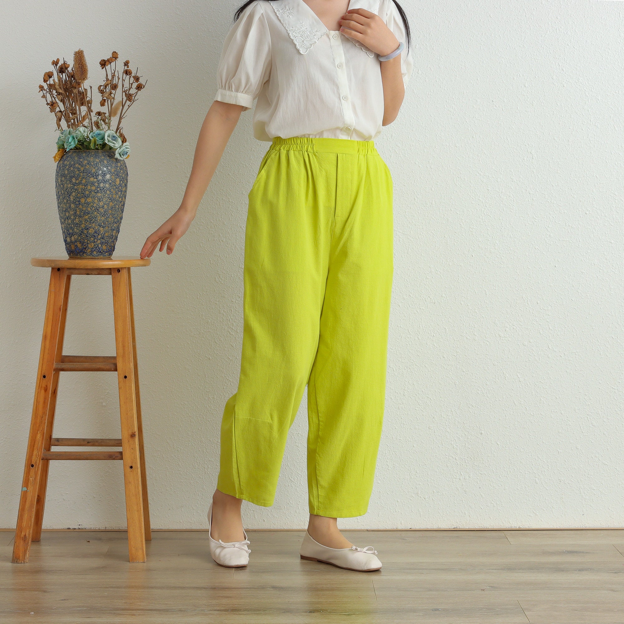 Women Elastic Waist Cotton Pants Soft Casual Loose Boho Etsy