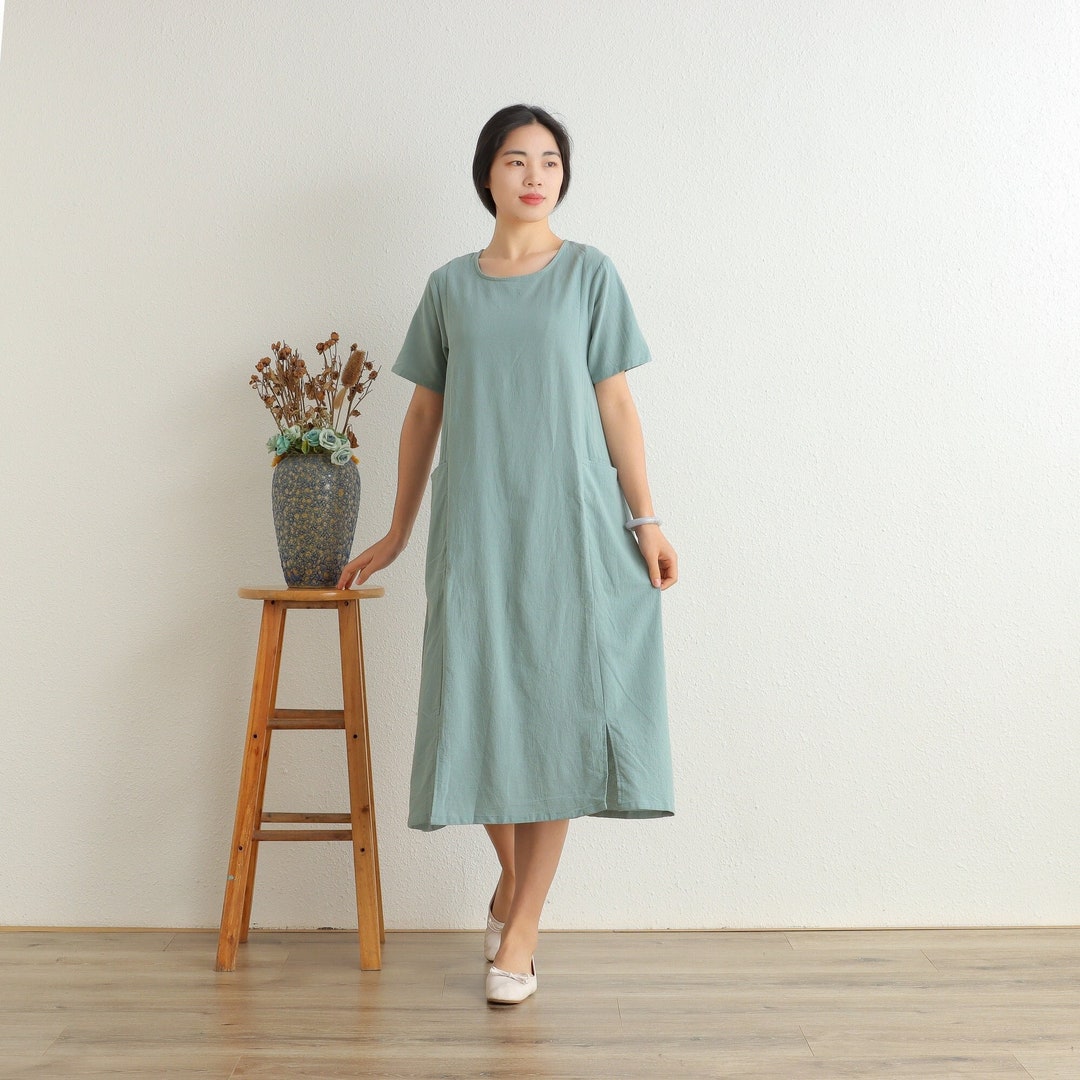 Women Summer Dress Soft Cotton Dresses Short Sleeves Dress Long Midi ...