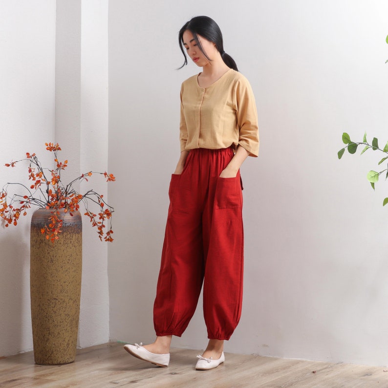 Women Elastic Waist Cotton Pants Soft Casual Loose Boho Trousers Full Maxi Pants Wide Leg Pant Customized Plus Size Pants Linen image 3