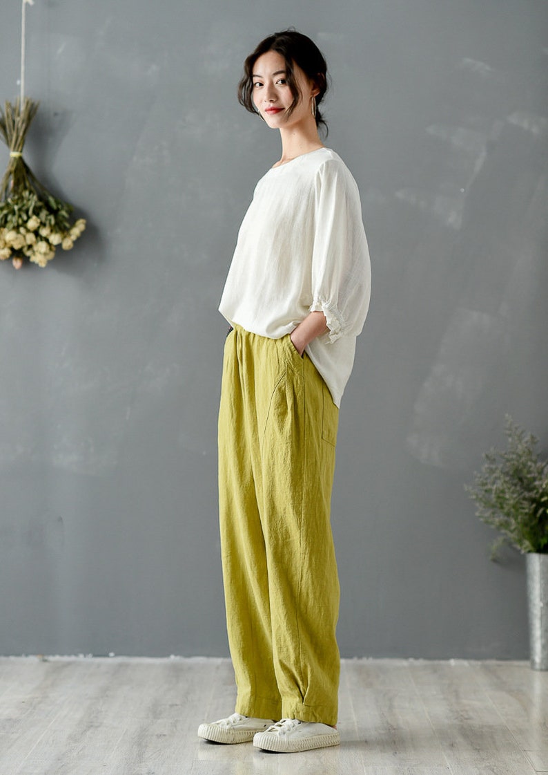 Women Elastic Waist Cotton Pants Soft Casual Loose Boho Trousers Full Maxi Pants Wide Leg Pant Customized Plus Size Pants Linen zdjęcie 5