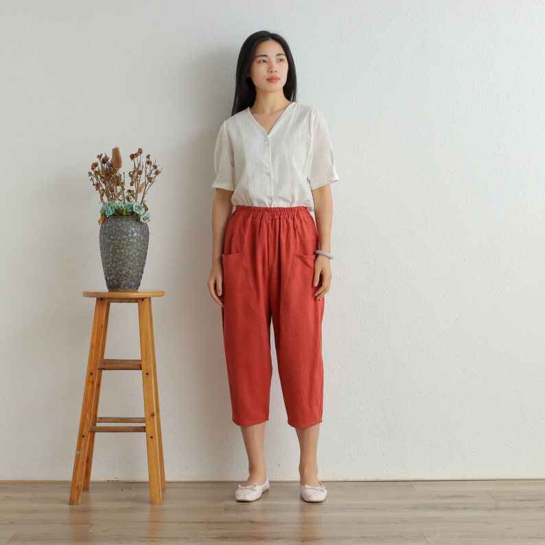 Women Cropped Pants Elastic Waist Cotton Pants Soft Casual Loose Boho Trousers Wide Leg Pant Customized Plus Size Pants Linen image 2