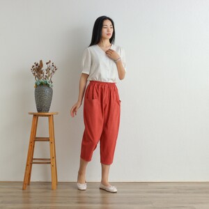 Women Cropped Pants Elastic Waist Cotton Pants Soft Casual Loose Boho Trousers Wide Leg Pant Customized Plus Size Pants Linen image 4