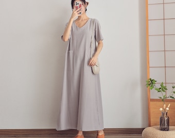 Women Cotton Dress Summer dresses Short Sleeves maxi dress long dress loose casual robes dress customized plus size dress boho Linen Dress