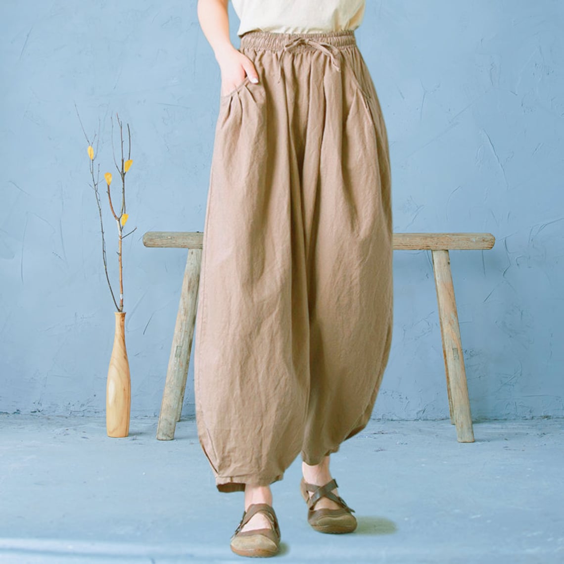 Women Elastic Waist Cotton Pants Soft Casual Loose Boho - Etsy