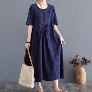 Été Jacquard Robe Coton robes manches courtes robe Midi robe amples décontractée Chemise Habillée personnalisée plus taille robe boho Lin image 4