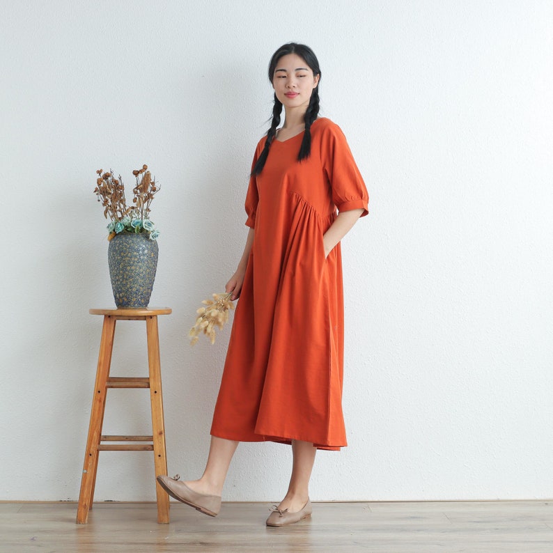 Women Summer Cotton dresses Half sleeves dress long midi dress loose robes casual Shirt Dress customized plus size dress boho Linen zdjęcie 4