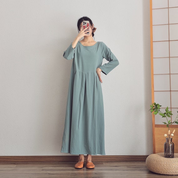 Linen Cotton Dress Summer Midi Dreses with Pockets