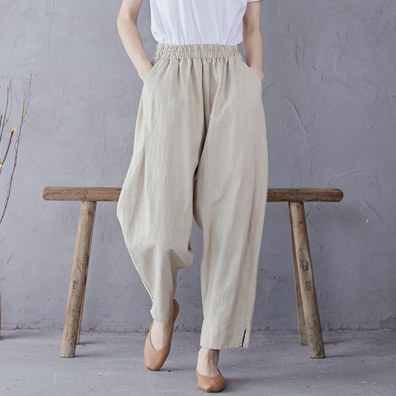 Women Elastic Waist Cotton Pants Soft 