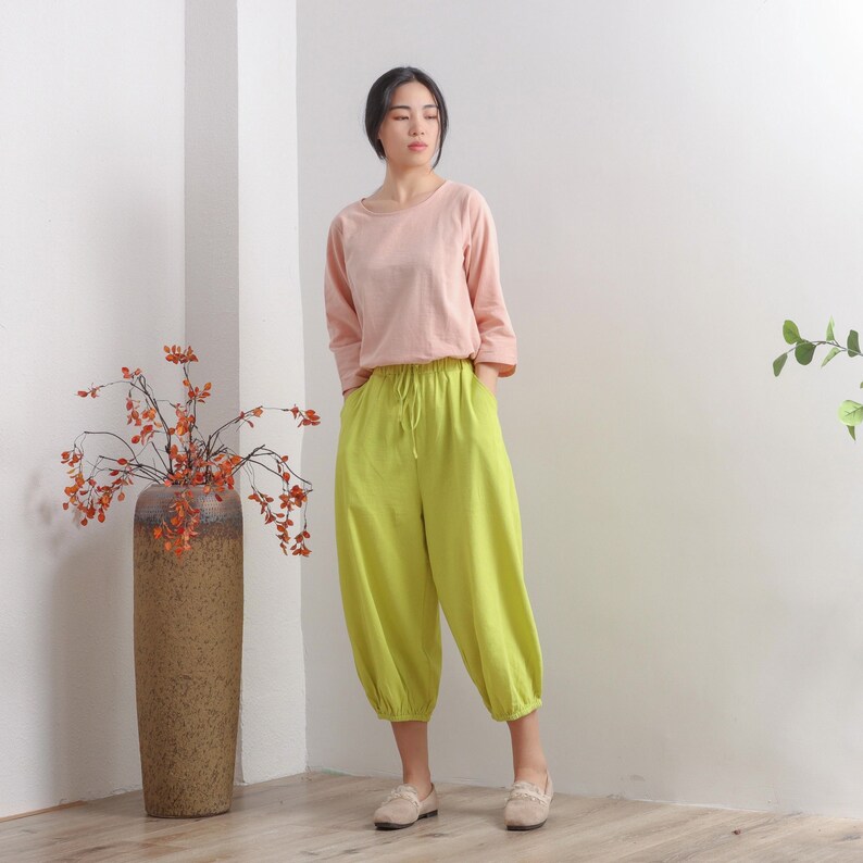 Women Elastic Waist Cotton Pants Soft Casual Loose Boho Trousers Cropped Pants Wide Leg Pant Customized Plus Size Pants Linen Pant image 2