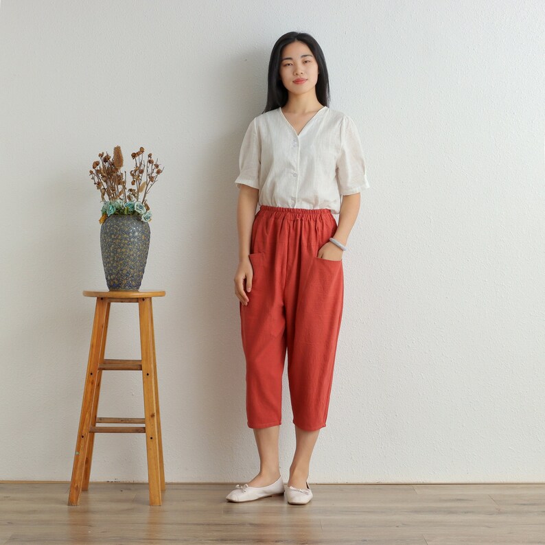 Women Cropped Pants Elastic Waist Cotton Pants Soft Casual Loose Boho Trousers Wide Leg Pant Customized Plus Size Pants Linen image 3